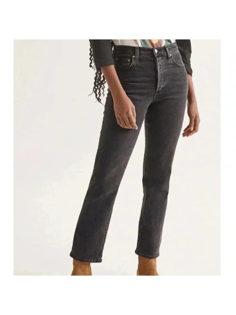 Denim Forum The Arlo High Rise Straight Black  Denim Button Fly Jeans Size 26